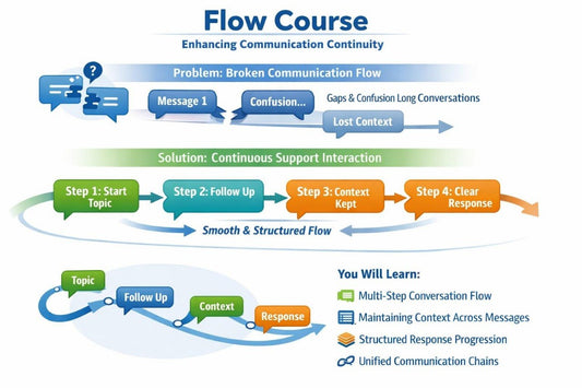 An infographic diagram titled 'Flow Course' explaining how to enhance communication continuity. It features a broken communication flow section with blue arrows and icons, a solution section with green, teal, orange, and blue steps, and a learning outcomes section on a white background.