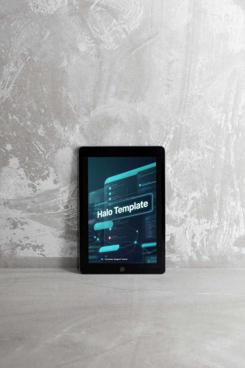 A black tablet device standing upright against a textured light gray wall on a matching surface, displaying a digital template graphic with the text 'Halo Template'.
