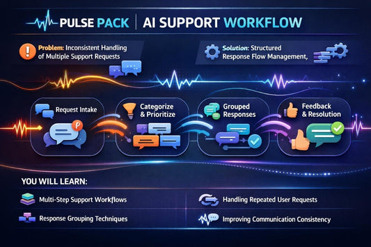 An infographic titled 'PULSE PACK AI SUPPORT WORKFLOW' on a dark blue background, showing a five-step AI support workflow with icons and text about request intake, categorization and prioritization, grouped responses, feedback and resolution, and learning outcomes.