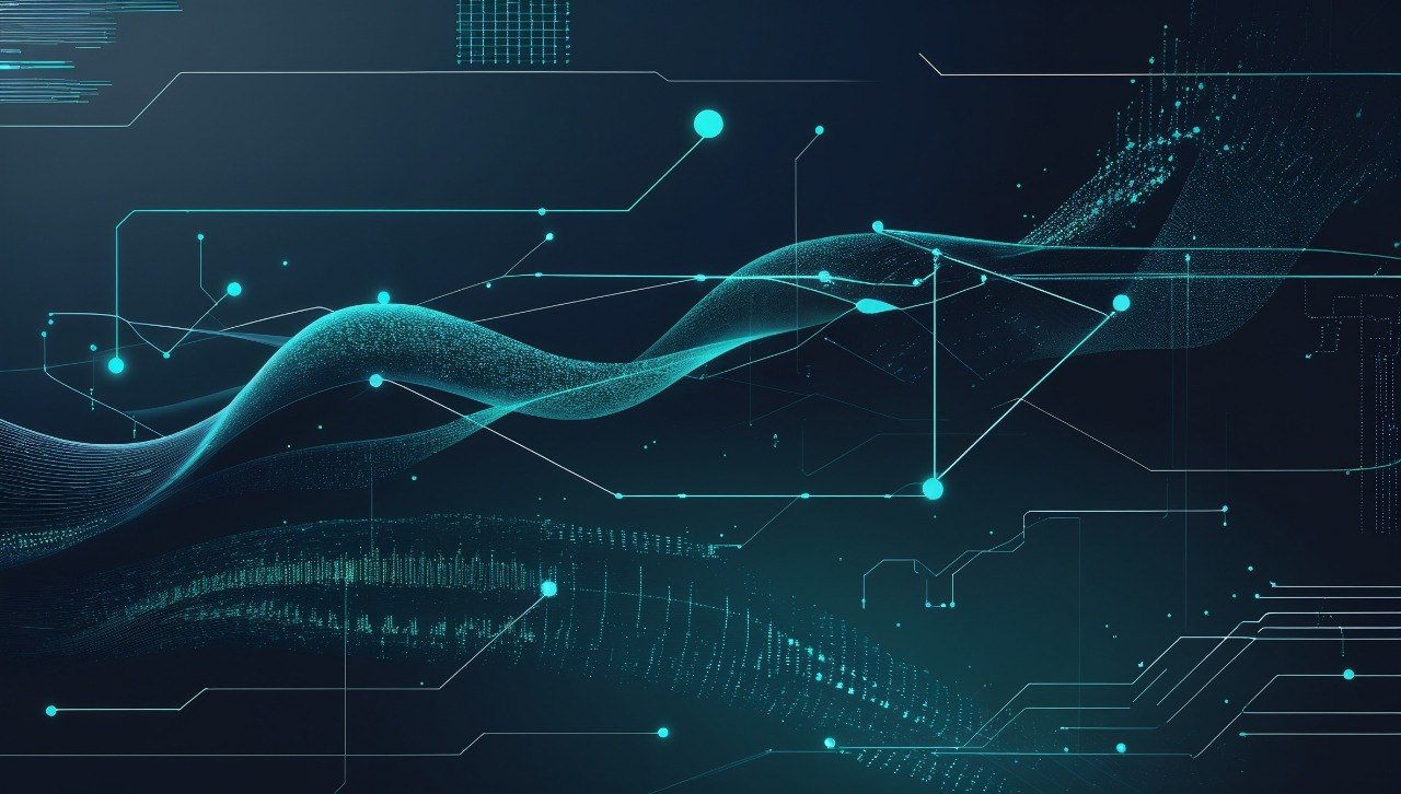 Abstract digital artwork featuring glowing teal and cyan waveforms, data nodes, and circuit-like lines on a dark navy background.