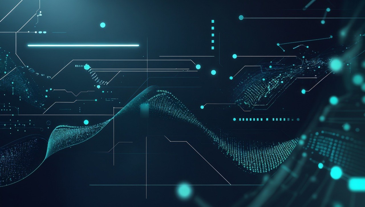 Abstract digital background with glowing teal data lines, waveforms, dots, and circuit-like graphics on a dark blue to black field.