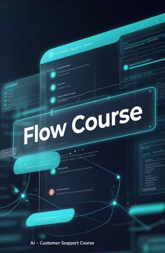 Digital promotional graphic for a 'Flow Course' AI customer support course, featuring glowing teal interface panels and flowchart elements on a dark background.