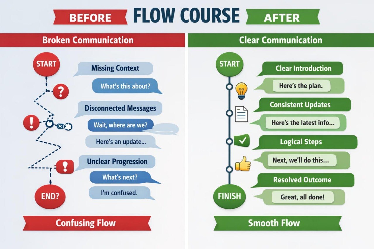 A comparison infographic titled 'Before Flow Course After' showing a broken communication flow on the left with red, blue, and white elements, and a clear communication flow on the right with green, white, and light green elements.