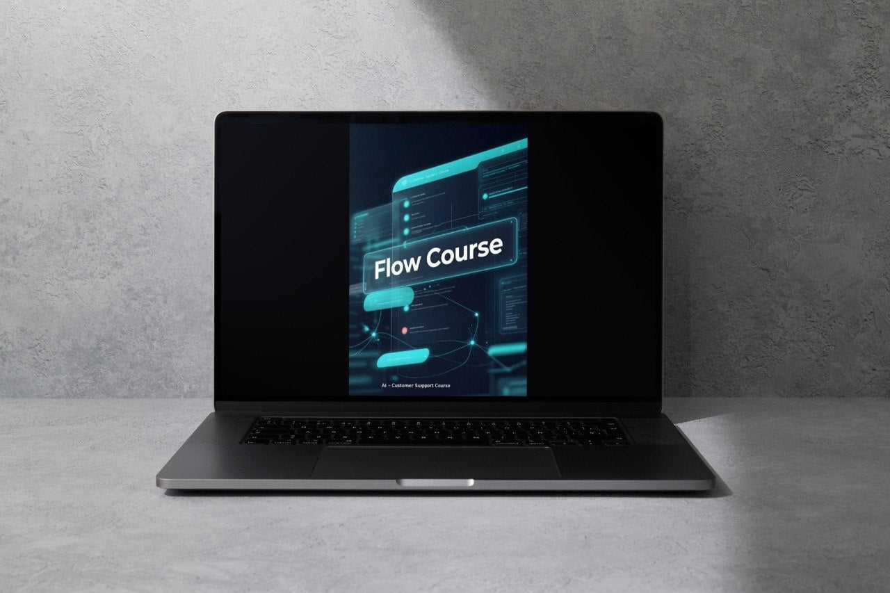 A dark gray laptop sits open on a light gray surface against a textured gray wall, with the screen displaying a digital course graphic titled 'Flow Course'.