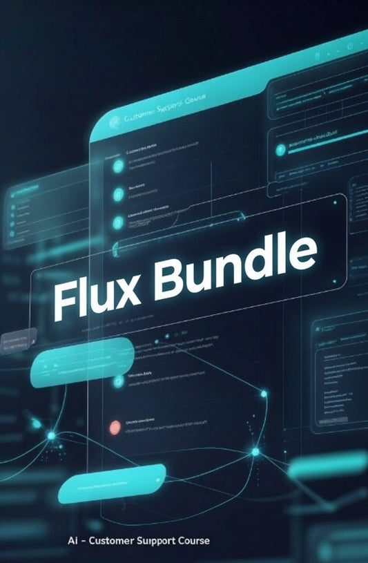 Digital promotional graphic for a 'Flux Bundle' AI customer support course, featuring a futuristic dark interface with glowing cyan and teal UI elements and white text.