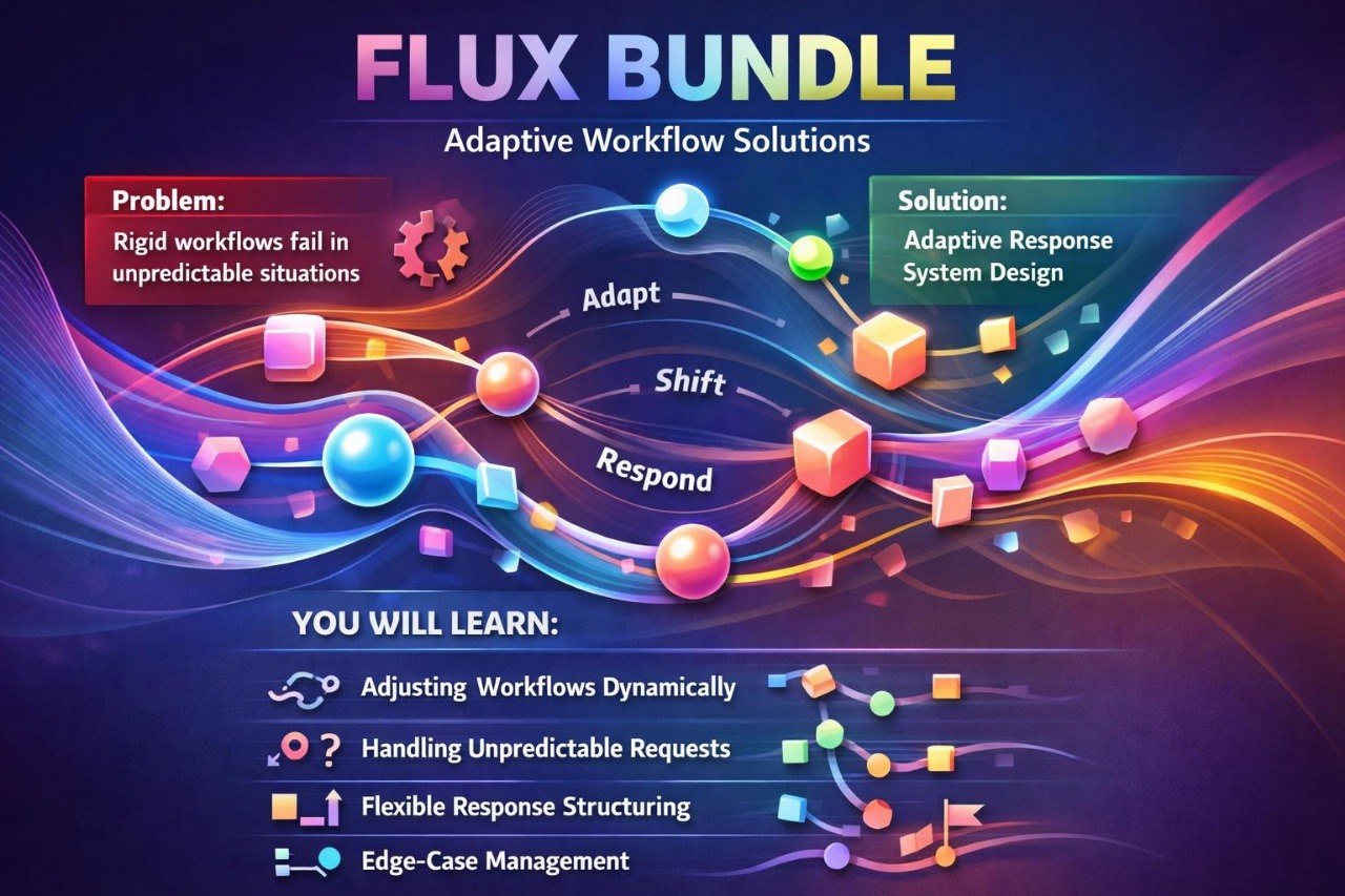 A digital promotional graphic for a 'Flux Bundle' of adaptive workflow solutions, featuring colorful abstract waves, glowing nodes, and text explaining problem-solving concepts like adapt, shift, and respond.