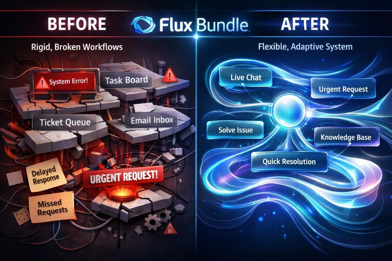 A promotional before-and-after graphic for a Flux Bundle, showing a chaotic, cluttered dark-themed workflow diagram labeled 'BEFORE' on the left and a clean, glowing blue adaptive system diagram labeled 'AFTER' on the right.