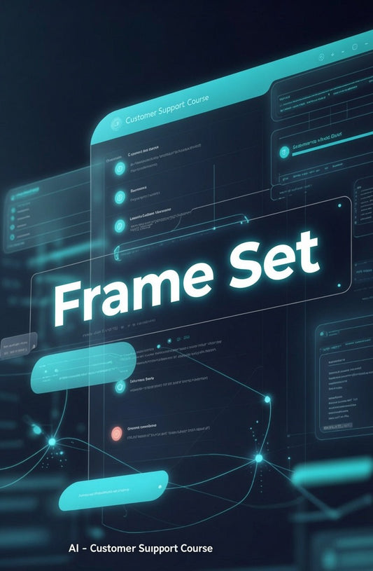 Digital promotional graphic for an AI Customer Support Course, featuring a futuristic dark interface with glowing cyan panels and the large text 'Frame Set' in the center.