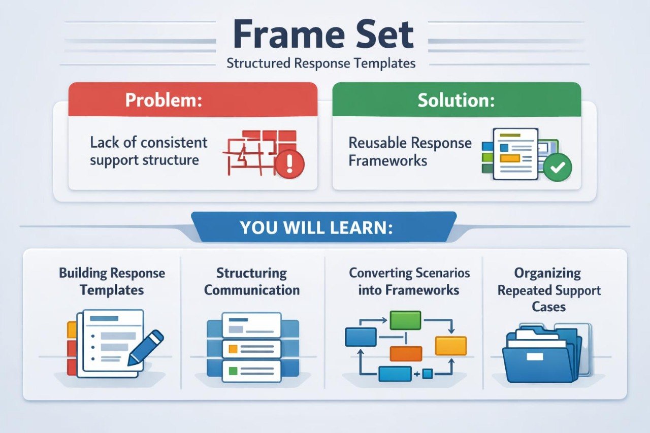 An infographic-style product image titled 'Frame Set' showing structured response templates. The layout has a light blue-gray background with red, green, and blue sections labeled 'Problem,' 'Solution,' and learning topics such as building response templates, structuring communication, converting scenarios into frameworks, and organizing repeated support cases.