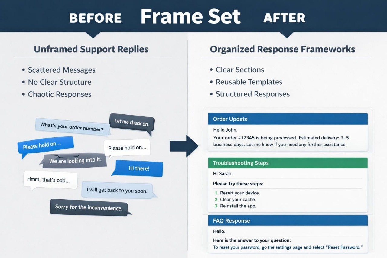 A before-and-after comparison graphic for a 'Frame Set' product, showing unframed scattered support replies on the left and organized response frameworks on the right, with blue chat bubbles and text boxes on a light gray background.