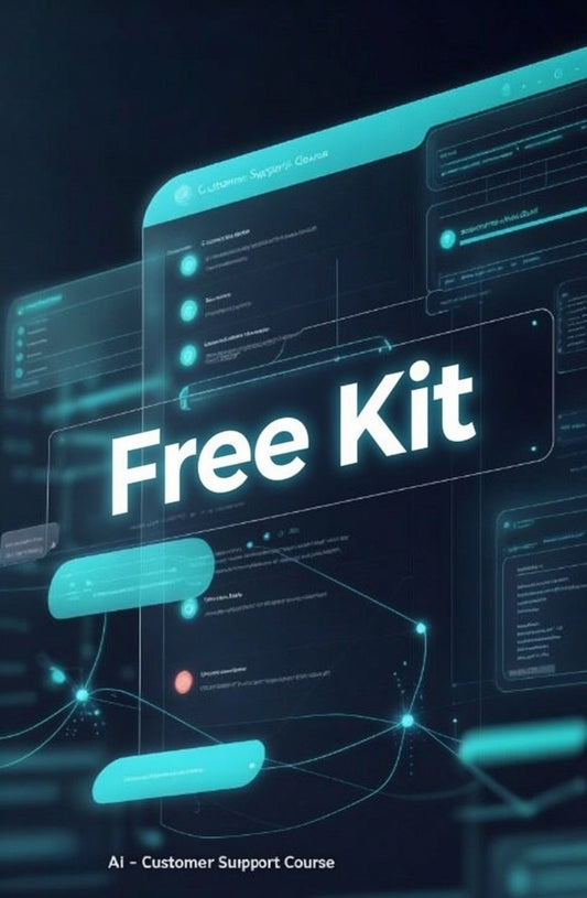 Digital promotional graphic for an AI customer support course, featuring a dark futuristic interface with glowing cyan panels and the large text 'Free Kit' in the center.