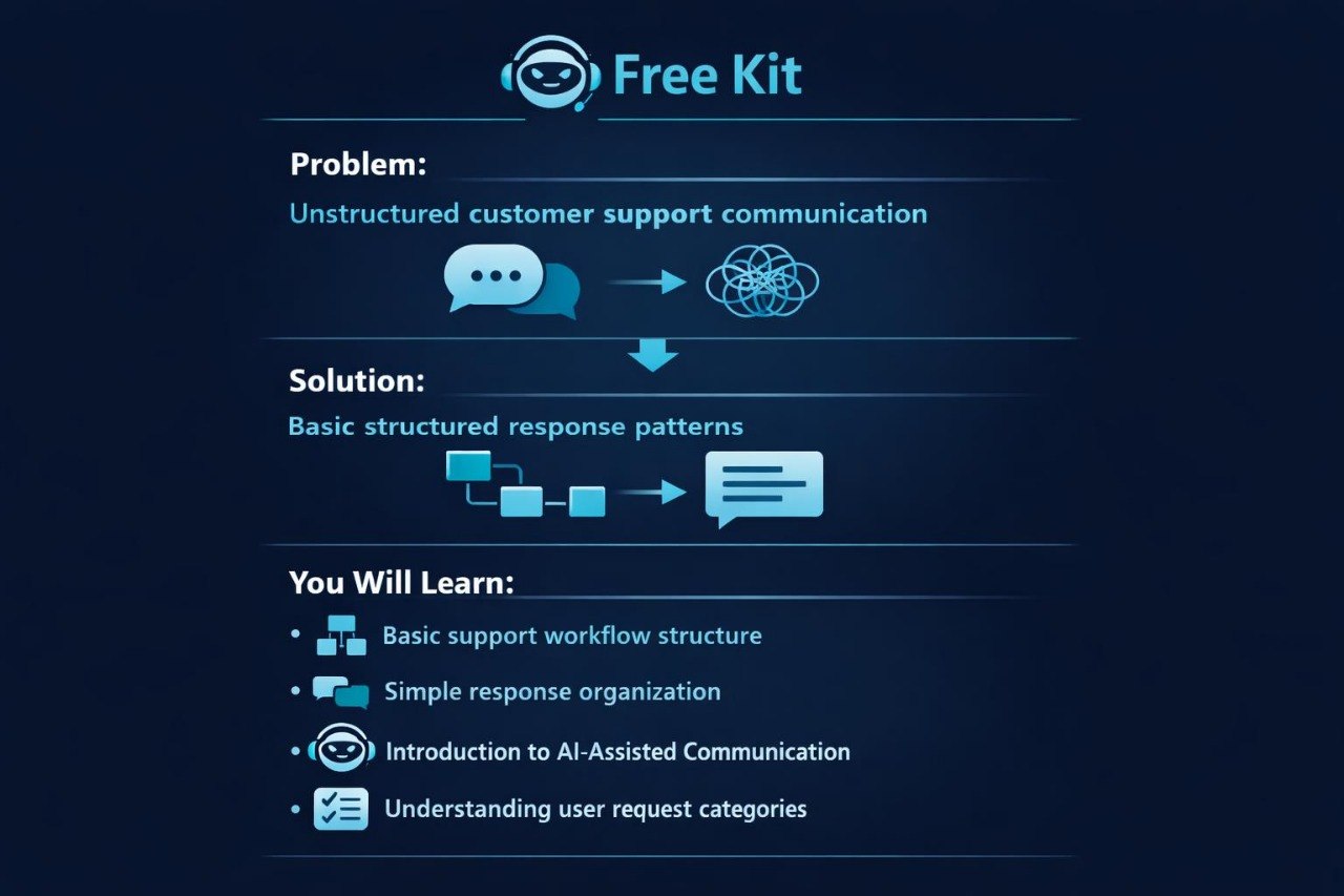 A dark blue promotional graphic for a Free Kit, outlining a customer support communication workflow. It features light blue text and icons illustrating a problem with unstructured communication, a solution with structured response patterns, and learning objectives such as basic support workflow structure and AI-assisted communication.