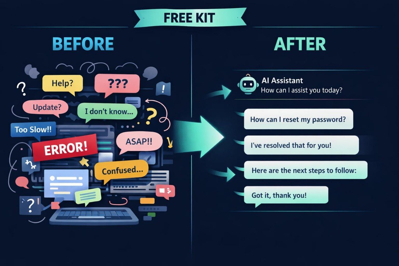 A digital infographic titled 'FREE KIT' comparing a 'BEFORE' state with an 'AFTER' state. The left side, labeled 'BEFORE', shows a clutter of colorful chat bubbles, question marks, and tech icons around a laptop, representing customer support chaos.