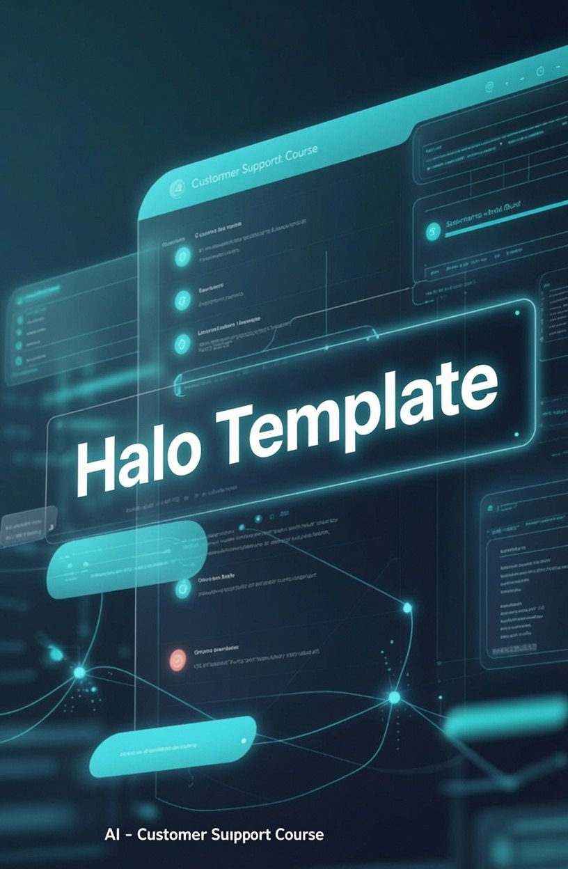 Digital graphic preview of a futuristic customer support course interface titled 'Halo Template' in glowing cyan text over a dark tech-style dashboard background.
