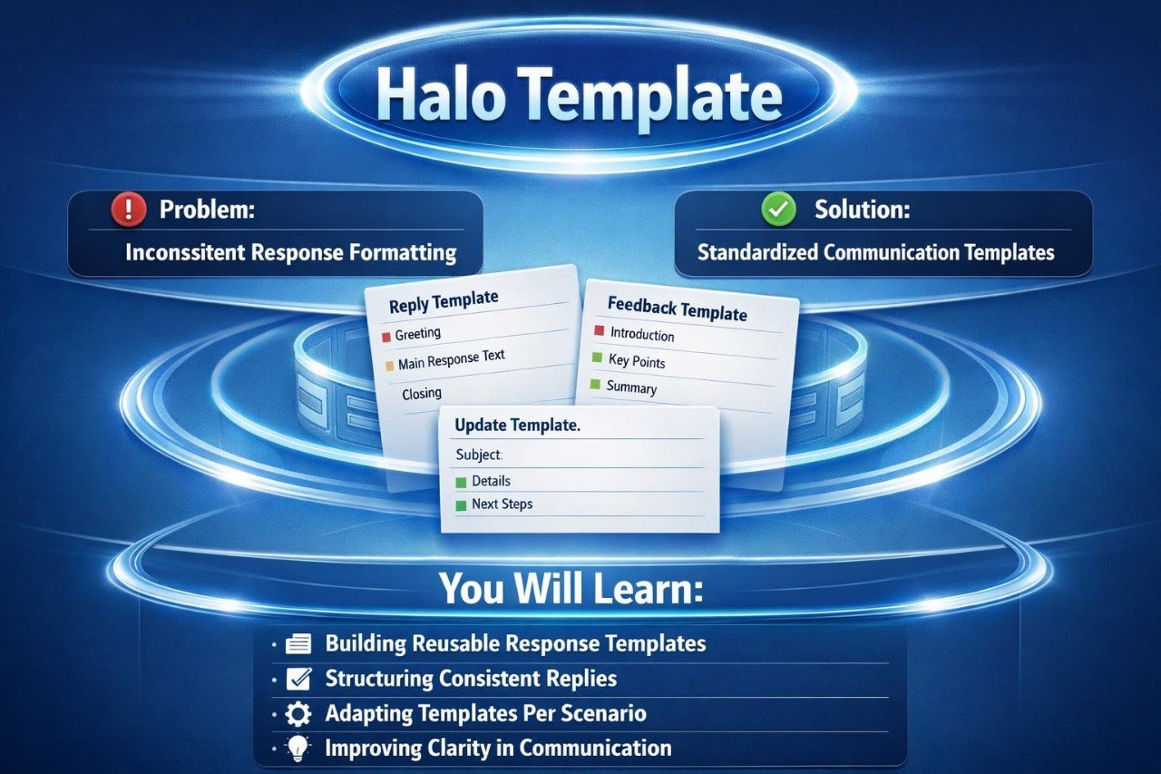 A digital cover graphic for a 'Halo Template' course or guide, featuring a blue and white sci-fi theme with glowing rings and text outlining topics like inconsistent response formatting and standardized communication templates.