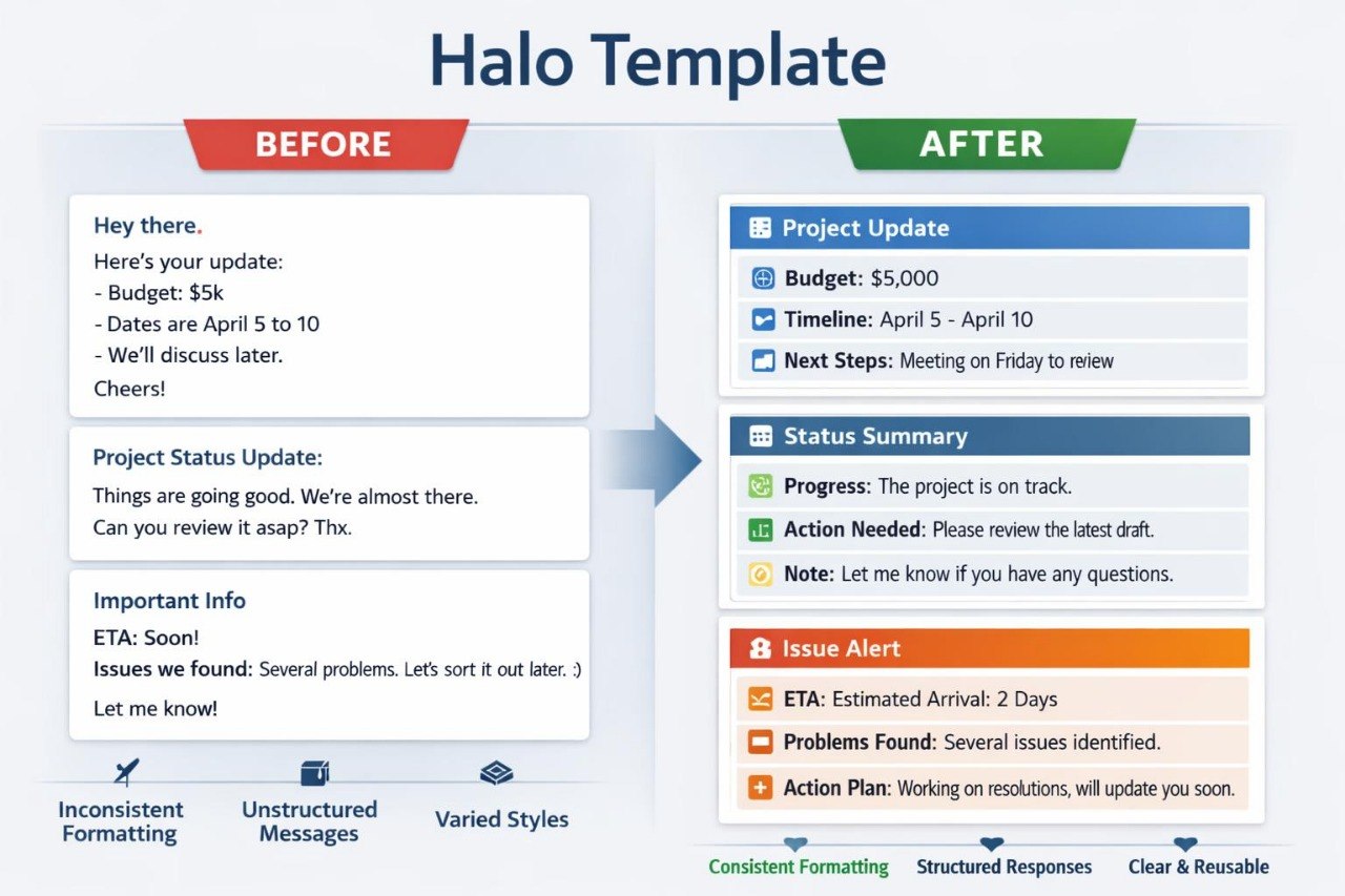 A digital template comparison graphic titled 'Halo Template' showing a before-and-after message layout. The left 'BEFORE' section has blue text on white panels with red headers, while the right 'AFTER' section uses blue, green, orange, and white panels with clean structured layouts.