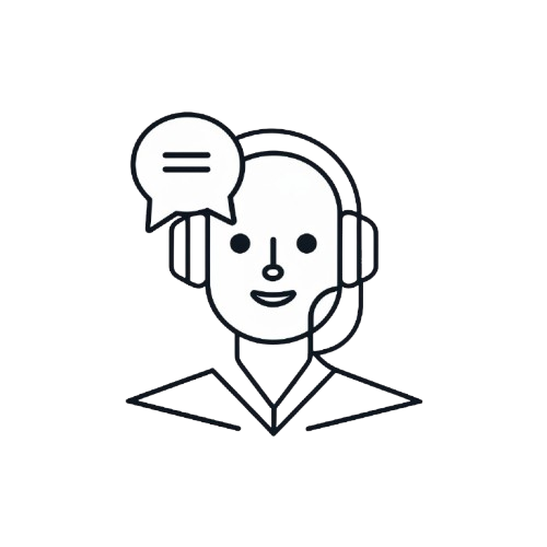 A minimalist black line icon of a customer service representative wearing a headset with a speech bubble, centered on a solid white background.