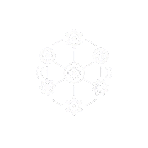 A white line-drawn icon of interconnected gears and circles, resembling a network or system diagram, centered on a solid white background.