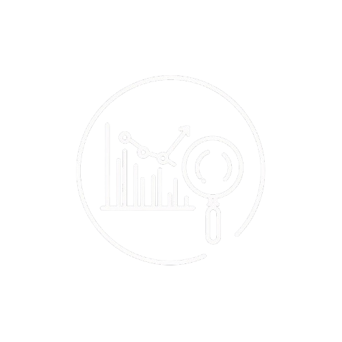 A minimalist white line icon depicting a magnifying glass over a bar chart and upward-trending graph, enclosed in a partial circle on a solid white background.