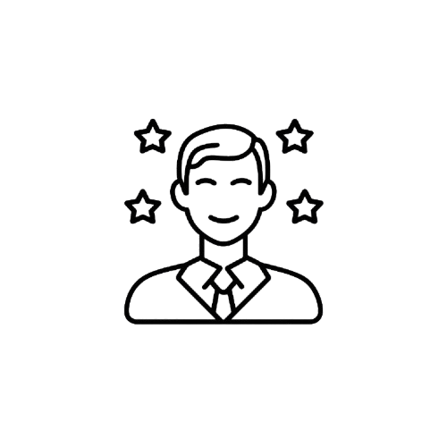 A minimalist black line icon of a smiling man in a suit with four stars around his head, centered on a plain white background.