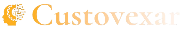 A logo featuring a stylized yellow-orange profile of a human head with a circuit board pattern inside, alongside the word 'Custovexar' in a matching pale orange serif font, all on a solid white background.