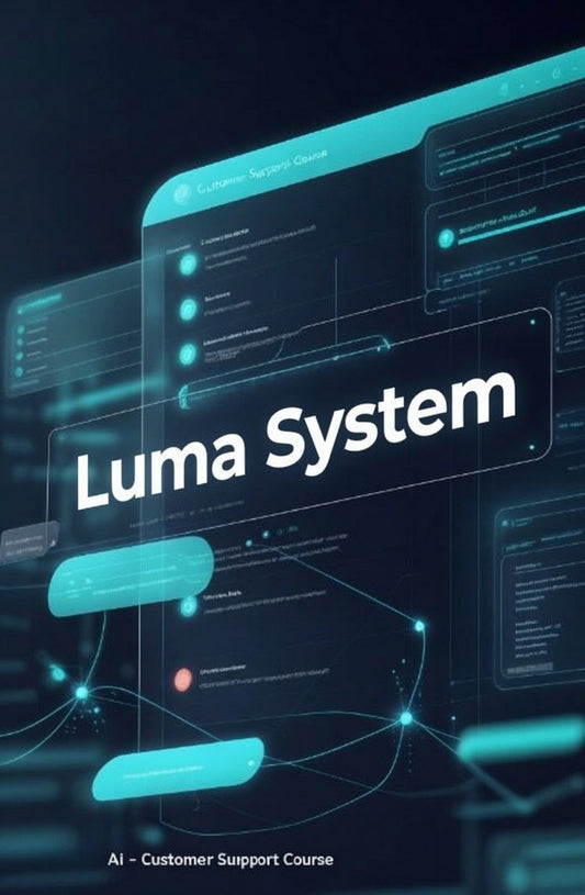 Digital promotional graphic for a 'Luma System' AI customer support course, featuring a futuristic dark interface with glowing cyan and teal UI elements and white text.