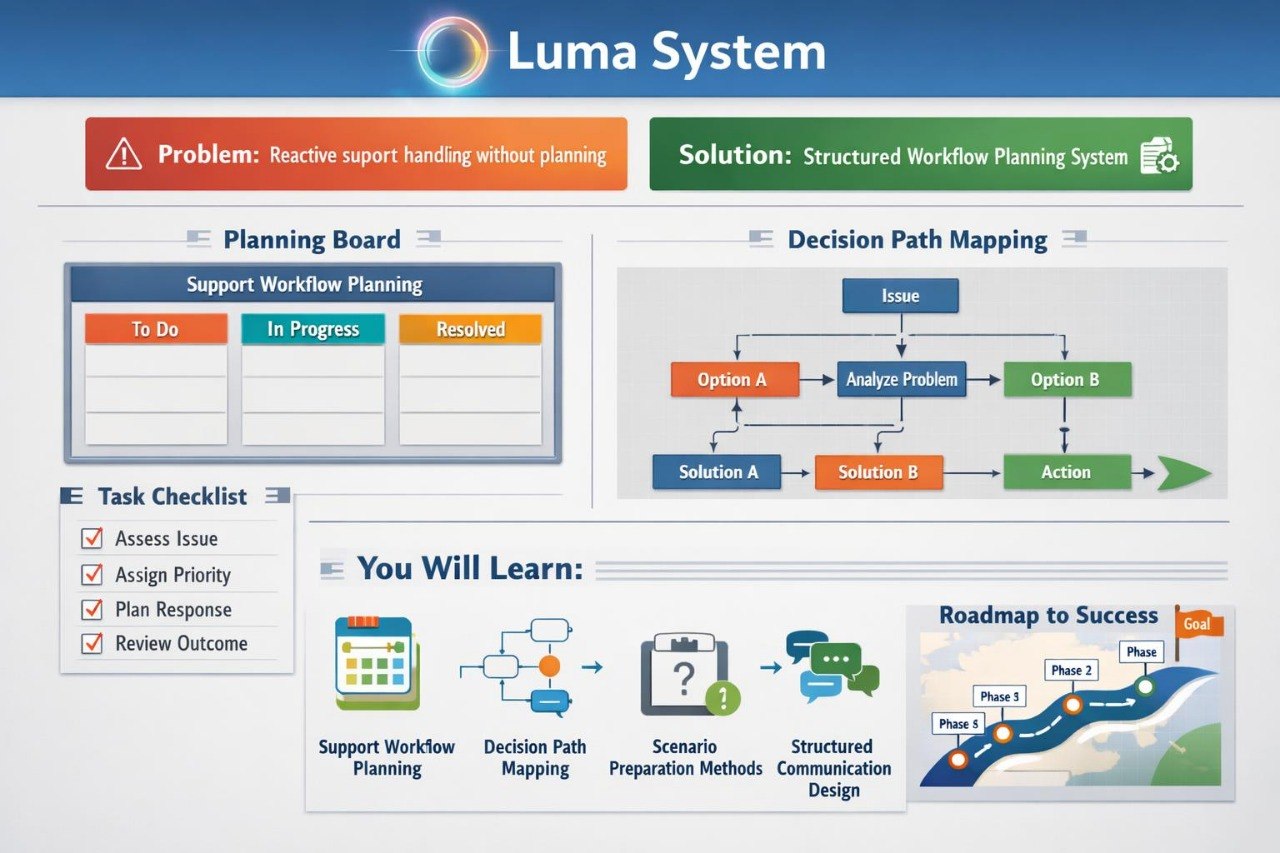 An infographic titled 'Luma System' explaining a support workflow planning solution. It features sections for 'Problem' and 'Solution' with colored headers, a 'Planning Board' table, a 'Decision Path Mapping' flowchart, a 'Task Checklist', and a 'Roadmap to Success' graphic at the bottom.