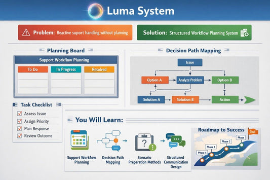 An infographic titled 'Luma System' explaining a support workflow planning solution. It features sections for 'Problem' and 'Solution' with colored headers, a 'Planning Board' table, a 'Decision Path Mapping' flowchart, a 'Task Checklist', and a 'Roadmap to Success' graphic at the bottom.