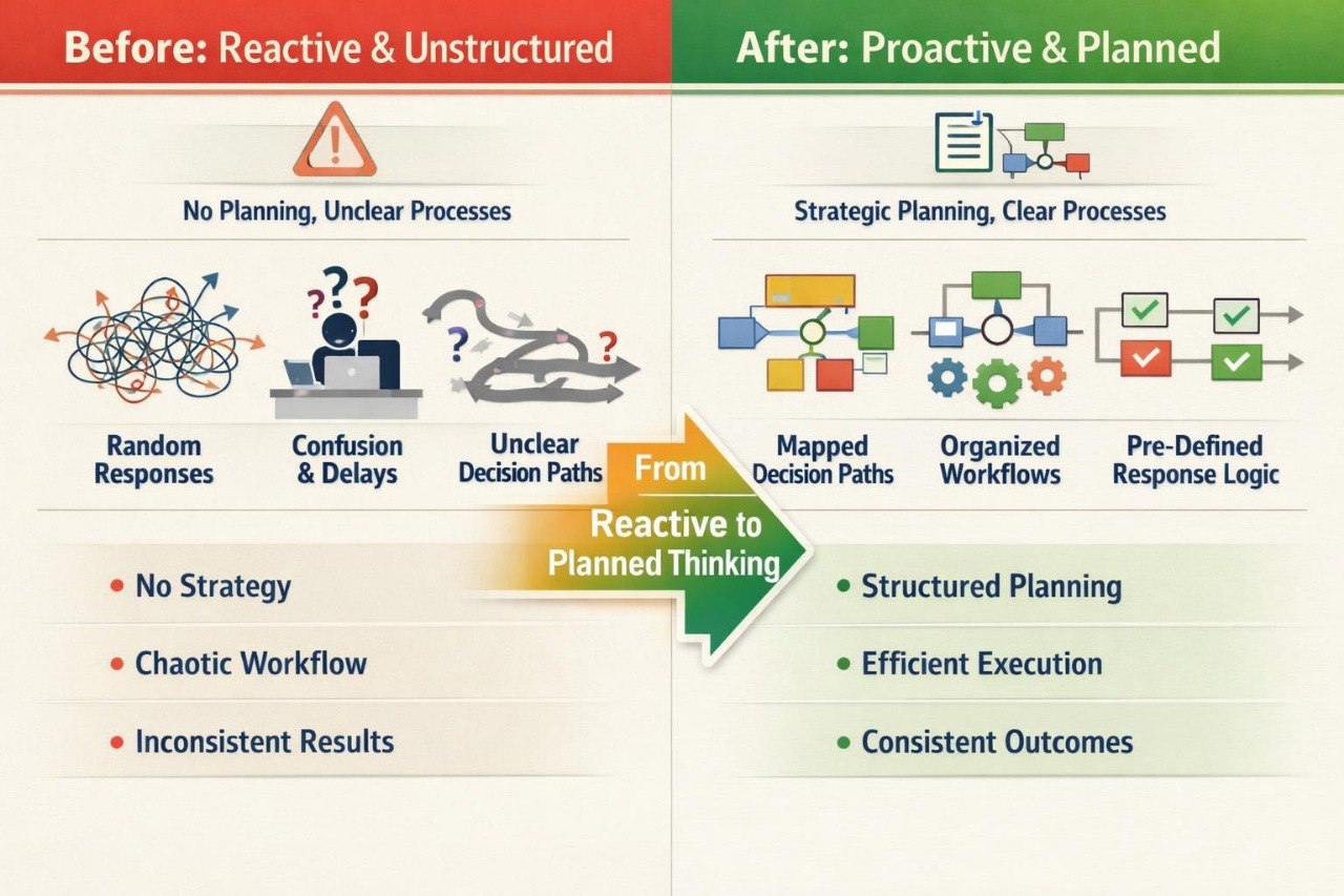 A comparison infographic titled 'Before: Reactive & Unstructured' versus 'After: Proactive & Planned', with colored headers, icons, and bullet points about process improvement and decision-making.