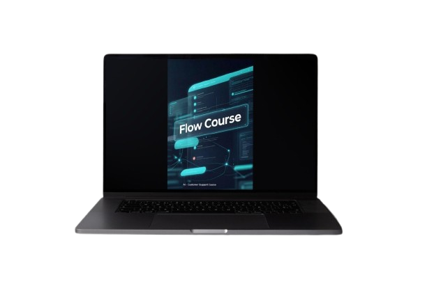A black laptop computer shown open against a plain white background, with its screen displaying a digital course cover titled 'Flow Course'.