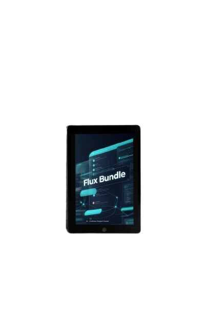 A black tablet device centered on a plain white background, displaying a dark interface with cyan graphics and the text 'Flux Bundle' on the screen.