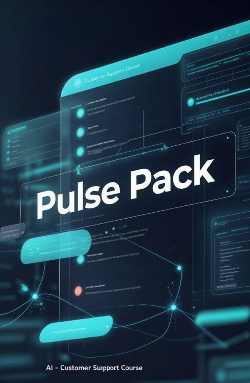 Digital promotional graphic for a 'Pulse Pack' AI customer support course, featuring glowing teal and cyan interface panels on a dark background.