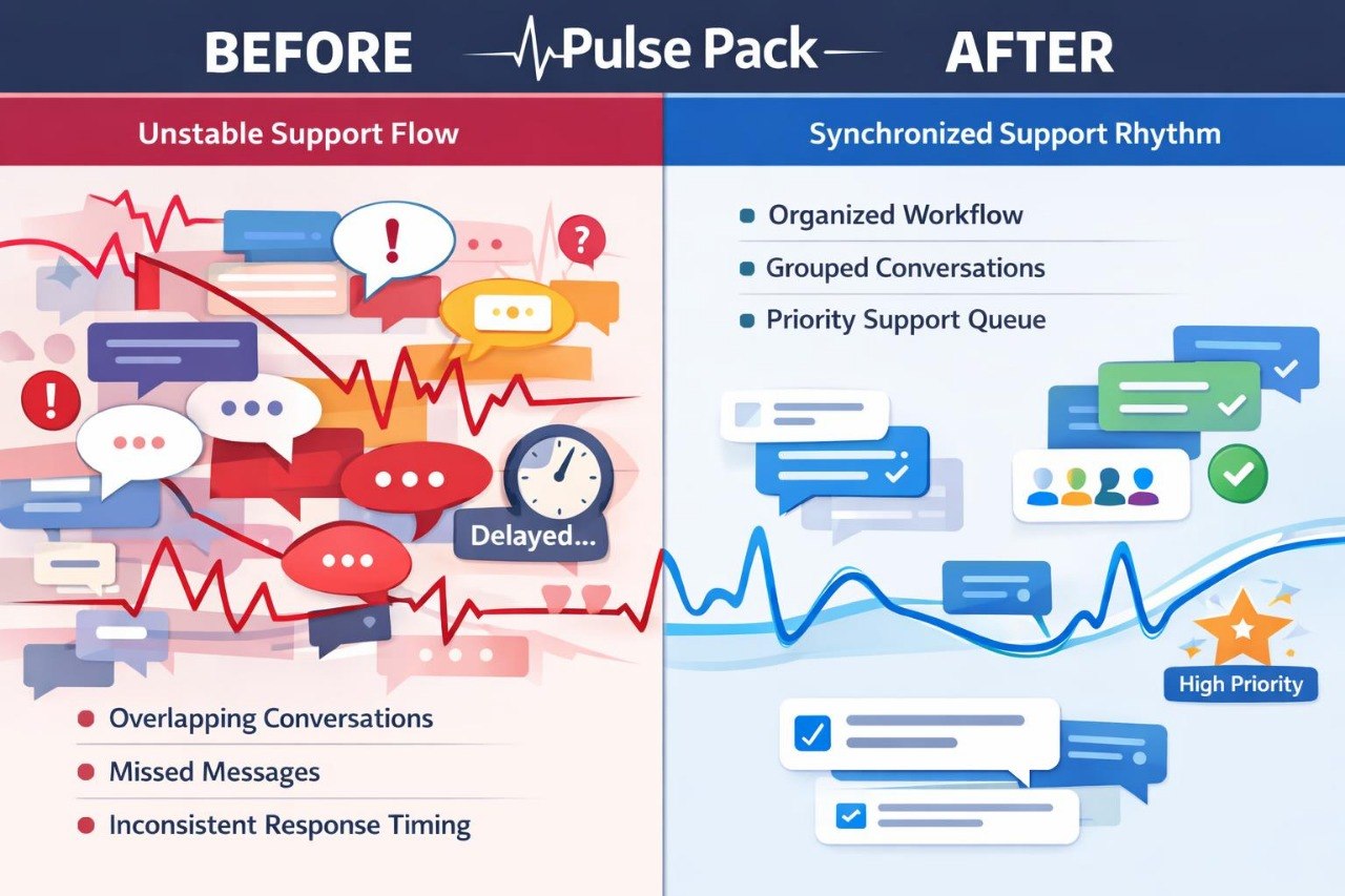A digital infographic comparing 'Before' and 'After' states of a Pulse Pack workflow. The left side, labeled 'Before' in red, shows a chaotic, messy flow of overlapping chat bubbles, speech bubbles, and red fluctuating lines representing unstable support flow.