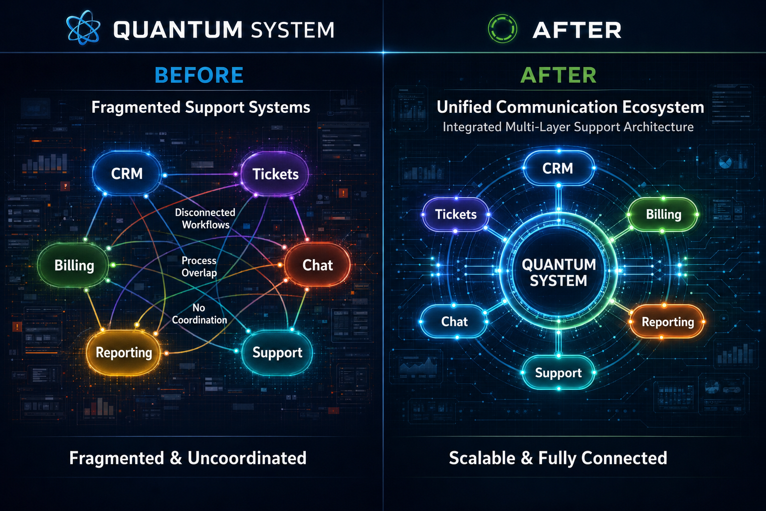 A digital infographic comparing a fragmented support system 'Before' with a unified multi-layer support architecture 'After' under the brand name QUANTUM SYSTEM. The left side shows disconnected systems like CRM, Tickets, Chat, and Billing with a red 'Before' label.