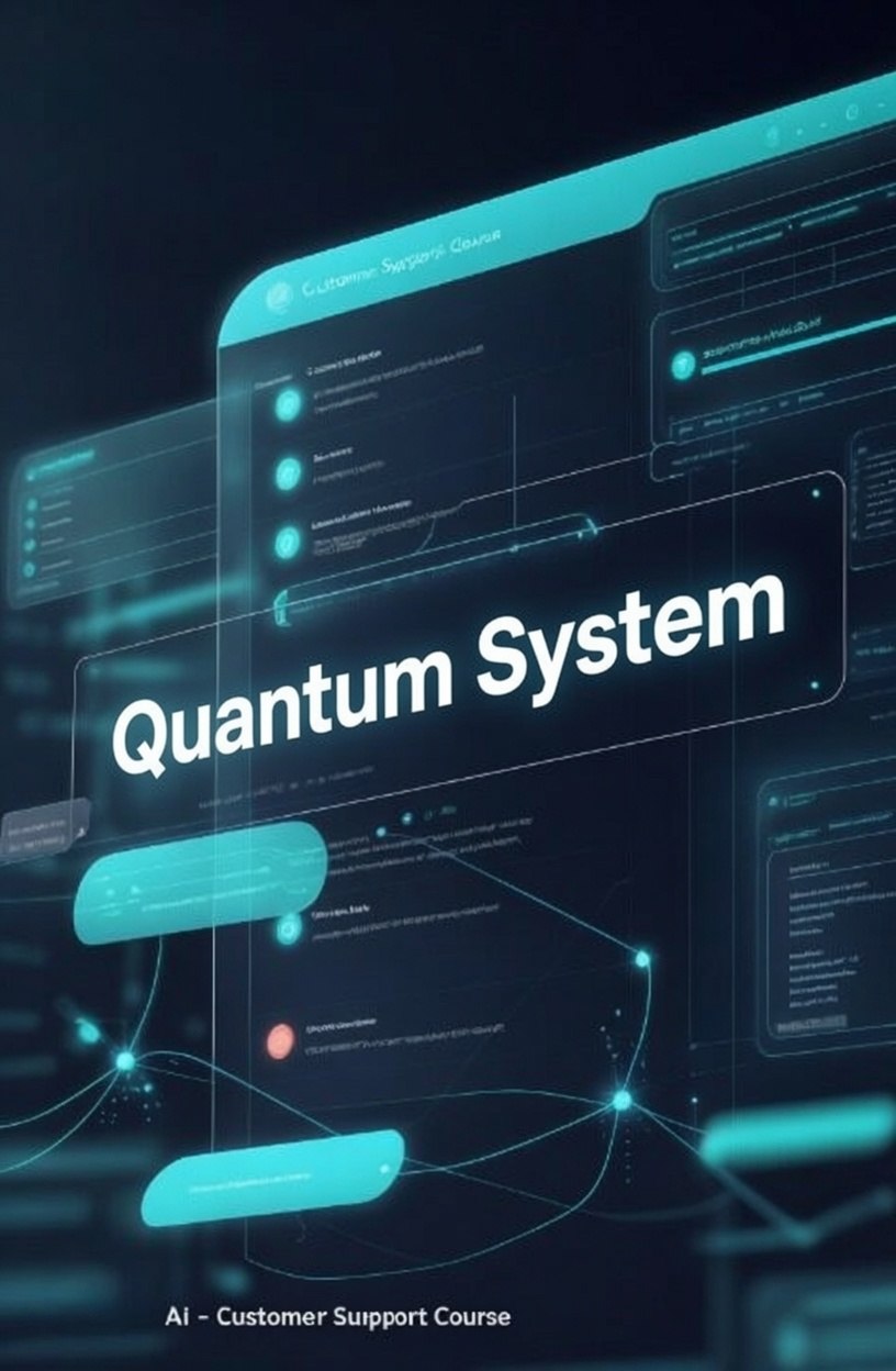 Digital promotional graphic for an 'AI - Customer Support Course' titled 'Quantum System', featuring a futuristic dark interface with glowing cyan and teal UI elements, lines, and panels on a dark background.