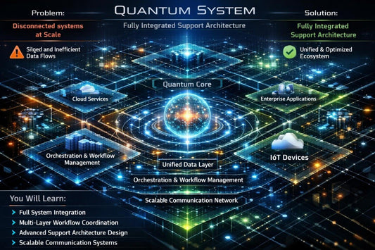A digital infographic titled 'QUANTUM SYSTEM' showing a glowing central orb and connected network nodes in blue, cyan, and gold tones. Text labels include 'Problem', 'Solution', 'Quantum Core', 'Cloud Services', 'Enterprise Applications', 'IoT Devices', and course learning points about system integration and orchestration.