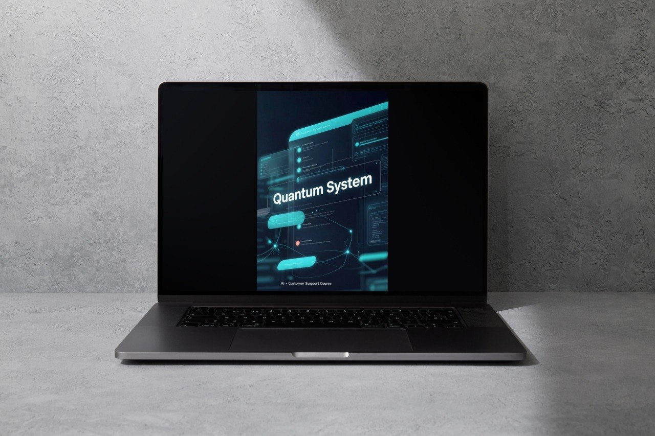 A dark gray laptop open on a gray surface against a textured gray wall, with the screen displaying the text 'Luma System'.