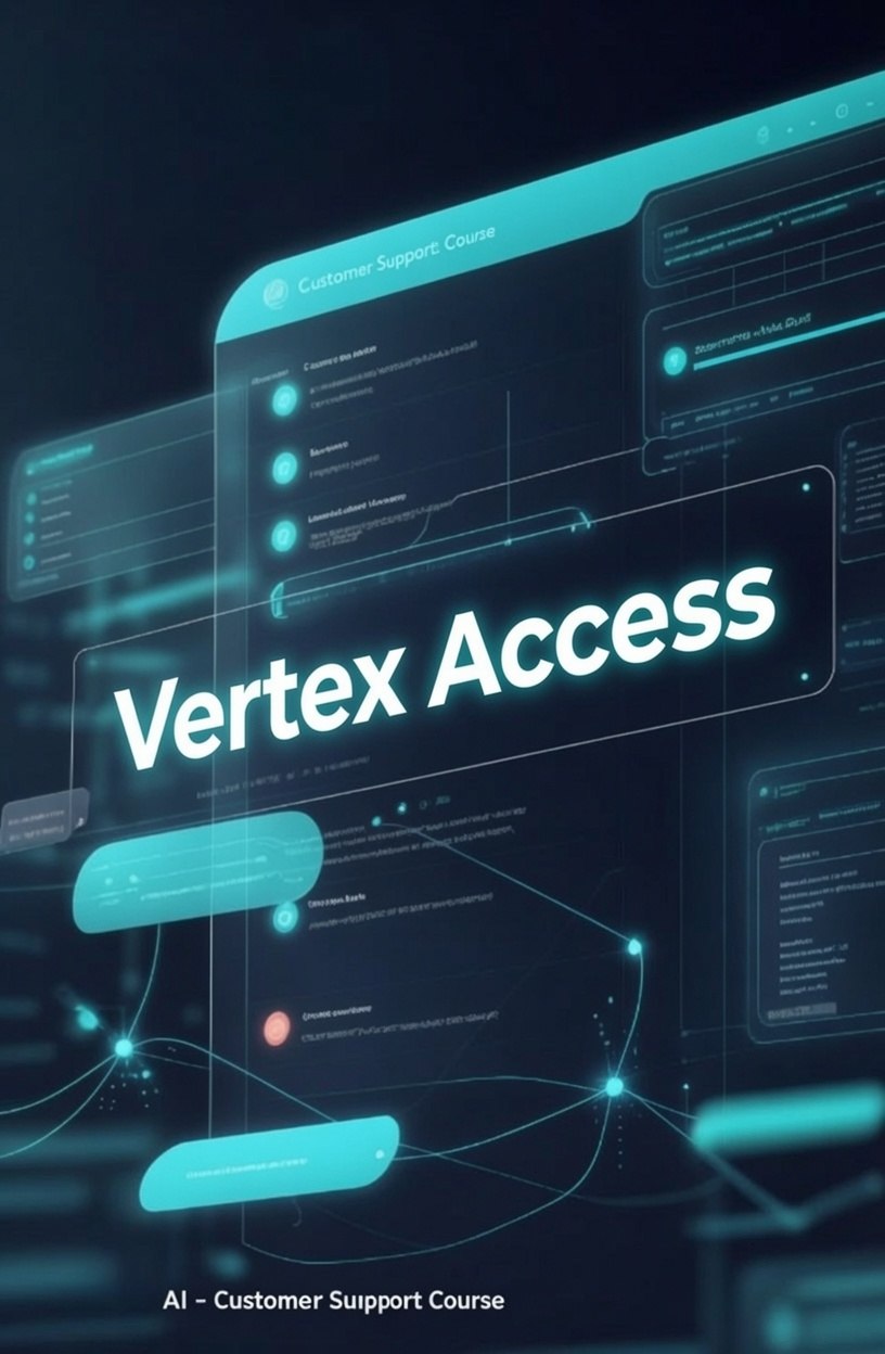 Digital promotional graphic for a 'Vertex Access' AI customer support course, featuring a futuristic dark interface with glowing cyan and white text on a dark background.