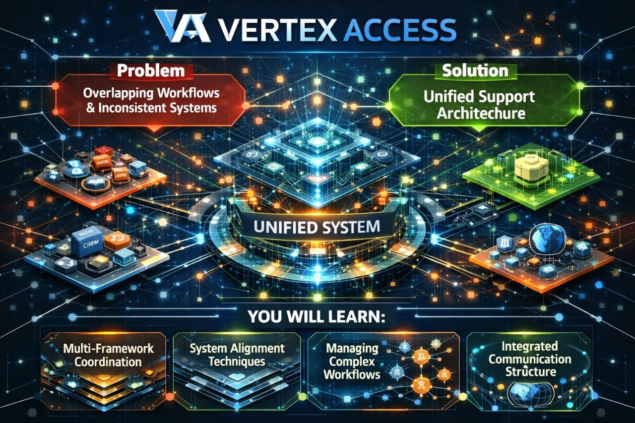 Promotional infographic for 'Vertex Access' showing a central 'Unified System' with surrounding digital illustrations labeled 'Problem' and 'Solution', plus a 'You Will Learn' section at the bottom.
