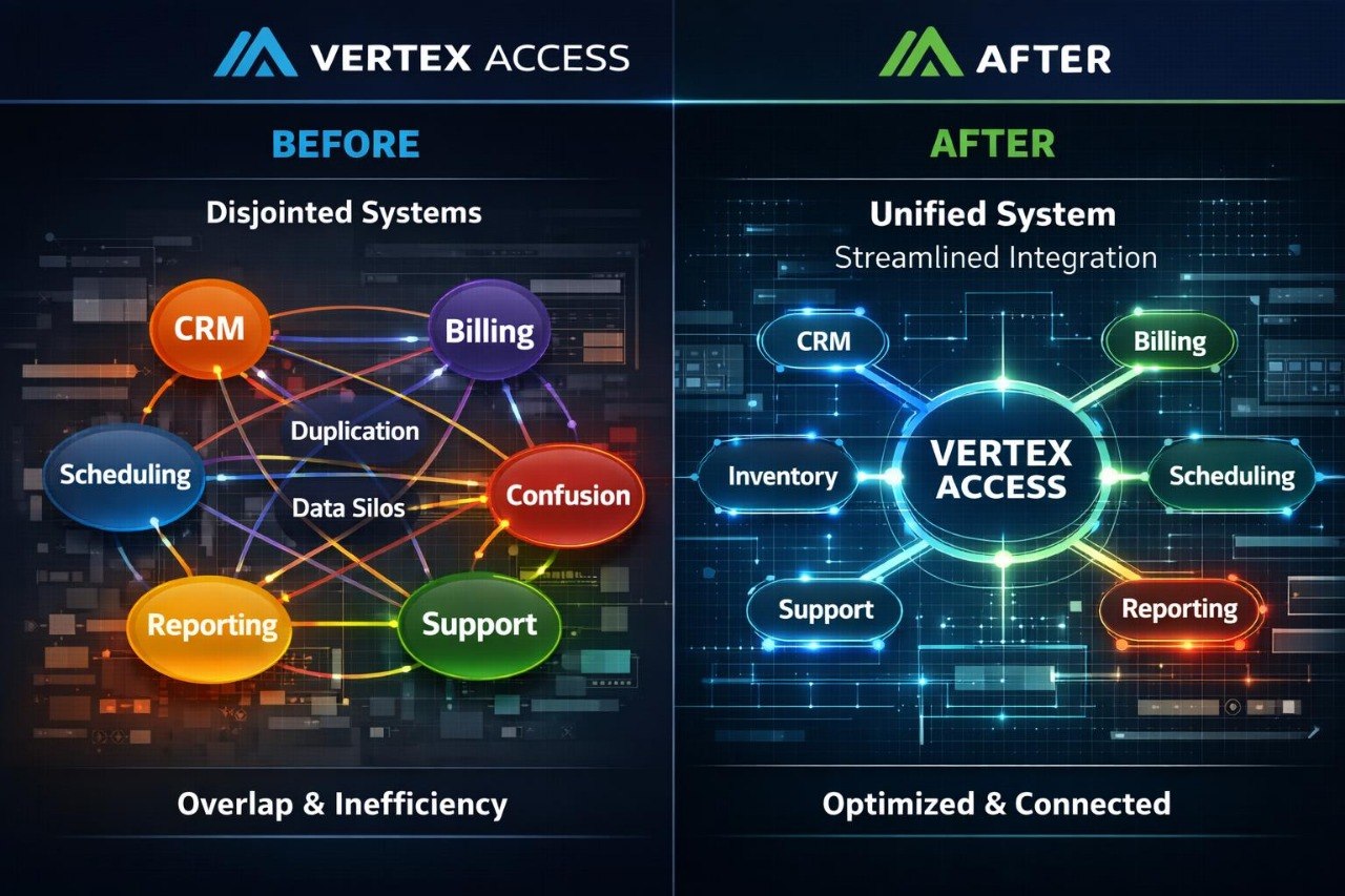 A digital comparison graphic for Vertex Access software, showing a 'Before' state with disjointed systems (CRM, Billing, Scheduling, Support) on the left, and an 'After' state with a unified system on the right, set against a dark tech-themed background.