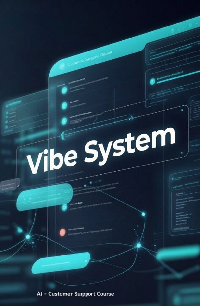 Digital promotional graphic for an AI customer support course titled 'Vibe System,' shown on futuristic translucent interface panels with glowing teal and blue graphics on a dark background.