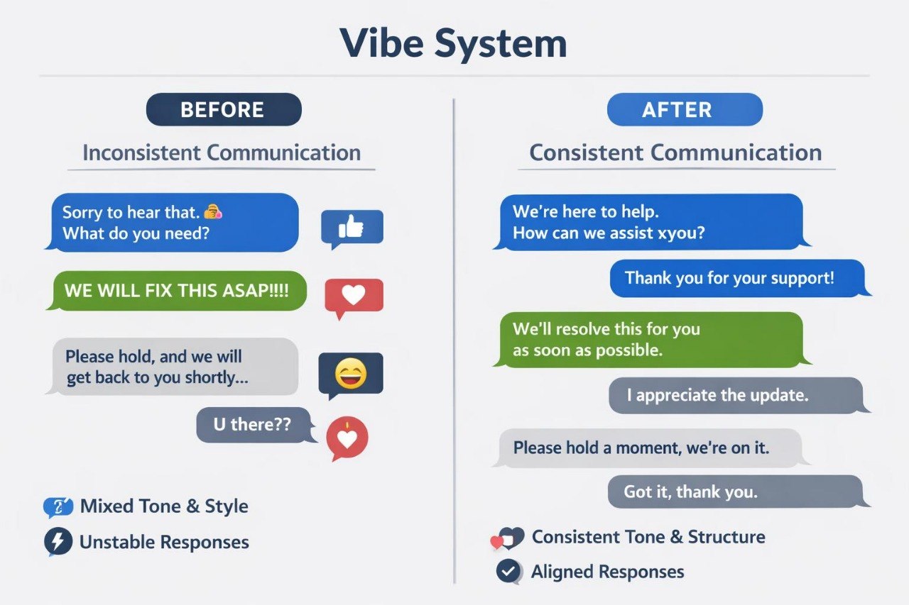 A comparison graphic titled 'Vibe System' showing before-and-after messaging examples for inconsistent versus consistent communication. The left side, labeled 'BEFORE,' shows mixed tone and style chat bubbles with unclear support responses, while the right side, labeled 'AFTER,' shows consistent tone and structure chat bubbles with clear, reassuring responses.